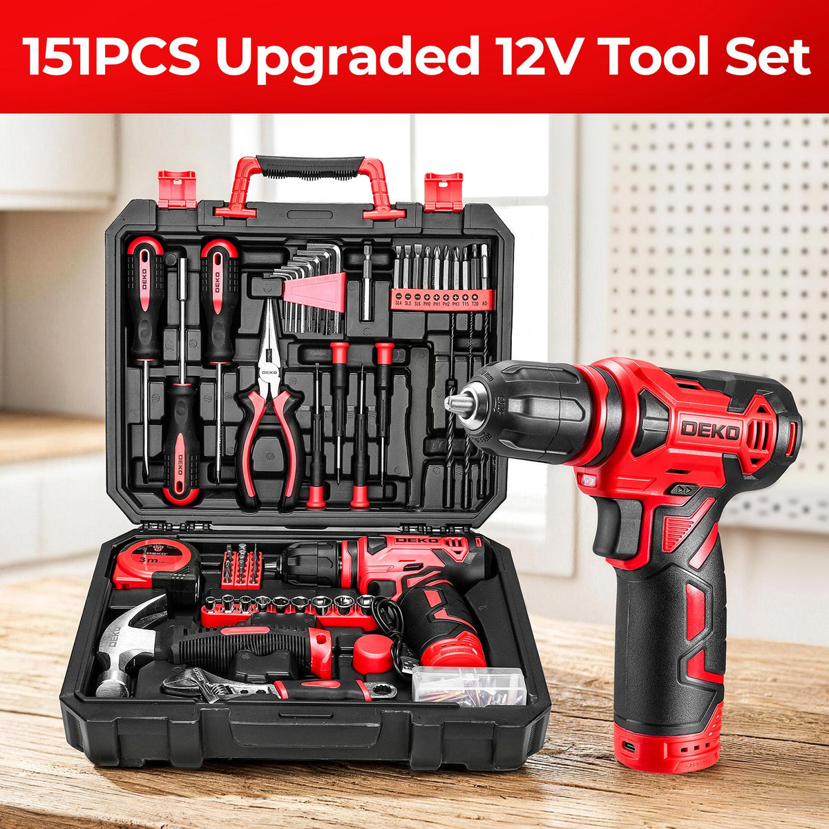DEKO 151-Piece Tool Set with 12V Cordless Drill – Complete Home Repair Kit with Screwdrivers Hammer Tape Measure & Precision Tools in 5 Colors