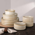 12-Piece Stoneware Dinnerware Set for 4 – Reactive Glaze Raised Stripe 10" Dinner Plates 8" Salad Plates & 5.5" Cereal Bowls Microwave & Dishwasher Safe in Cappuccino & Vanilla White