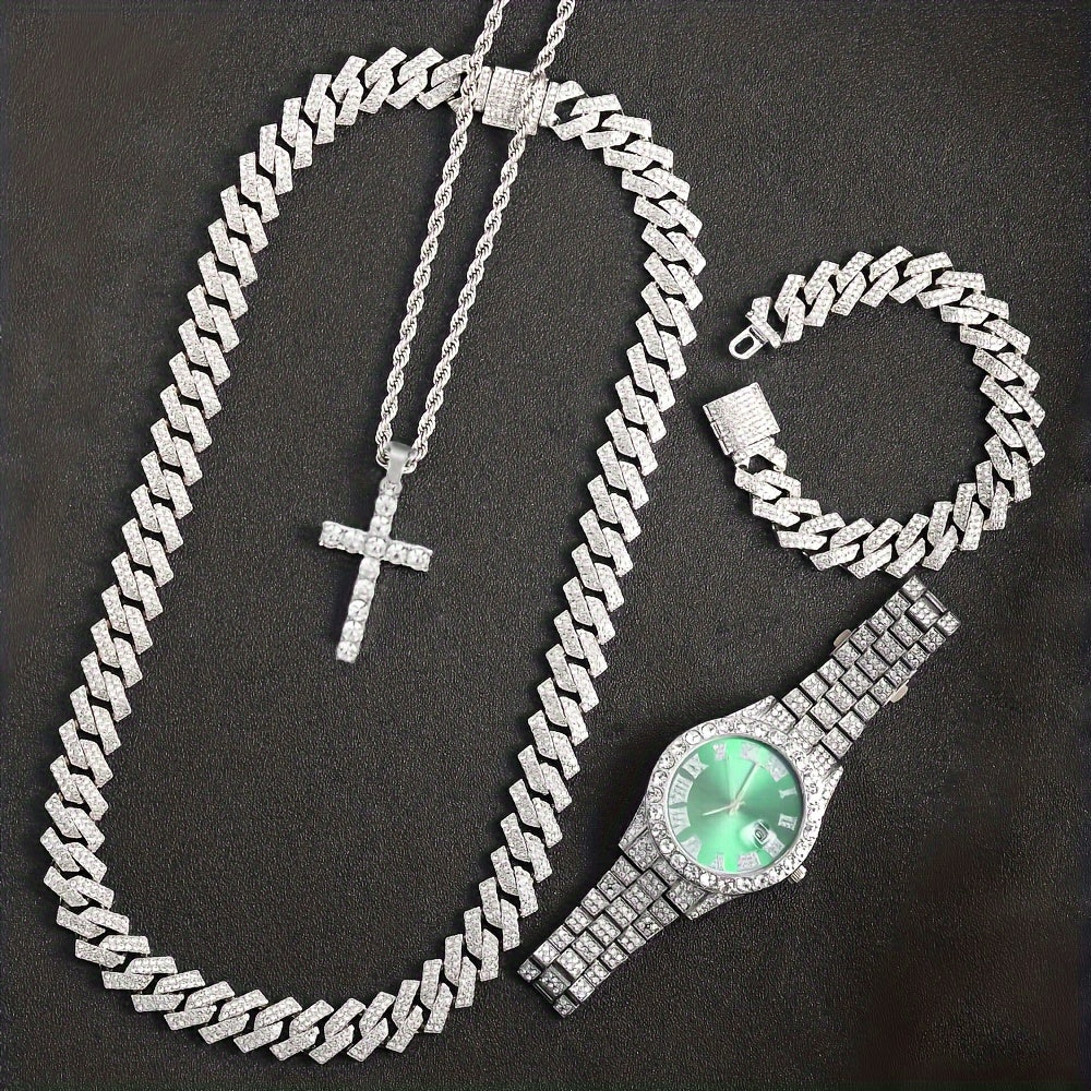4-Piece Rhinestone Watch and Cross Pendant Jewelry Set, Quartz Analog Wristwatch, Necklace, Bracelet, and Earrings, Unisex Gift for Him or Her, Wedding