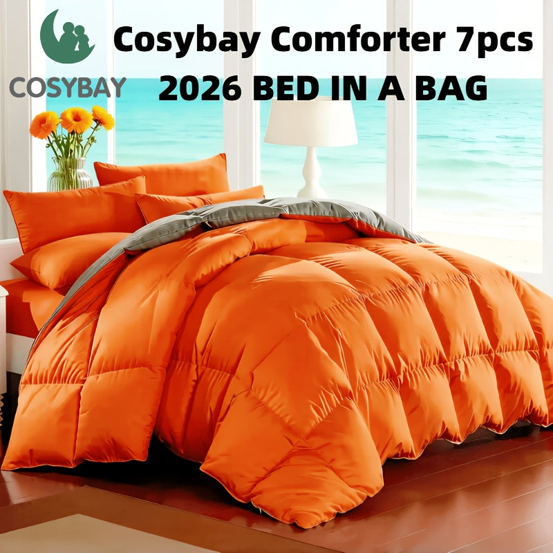 7-Piece Comforter Set, Queen/King Size – Soft Microfiber Pinch Pleated Bed-in-a-Bag with Comforter, Fitted Sheet, Flat Sheet & 4 Pillowcases, All-Season Bedding Set for Home & Dorm