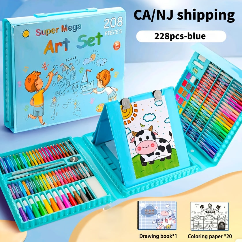 228-Piece Kids Art Painting Set with Easel, Complete Beginner Drawing Kit for Children Ages 3-12, Includes Sketchbook, Coloring Book, Acrylic Markers, Watercolor Pens, Oil Pastels, Colored Pencils & Eraser