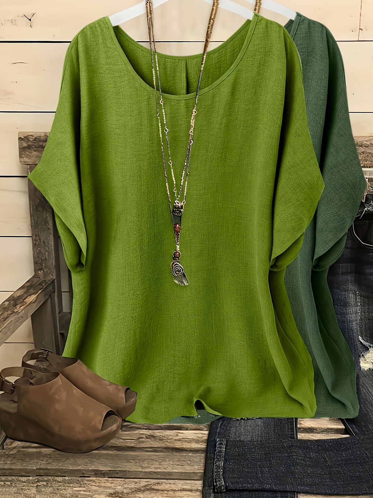 Women's Batwing Sleeve Shirt 2-Piece Set, Casual Vacation Round Neck Solid Color Loose Top, S-XXL, Multiple Colors | US Warehouse Fast Shipping