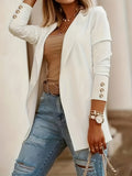 Women's Solid Color Midi-Length Cardigan Coat, Featuring a Lapel Collar, Long Sleeves, Decorative Buttons, and an Open-Front Knit Design.