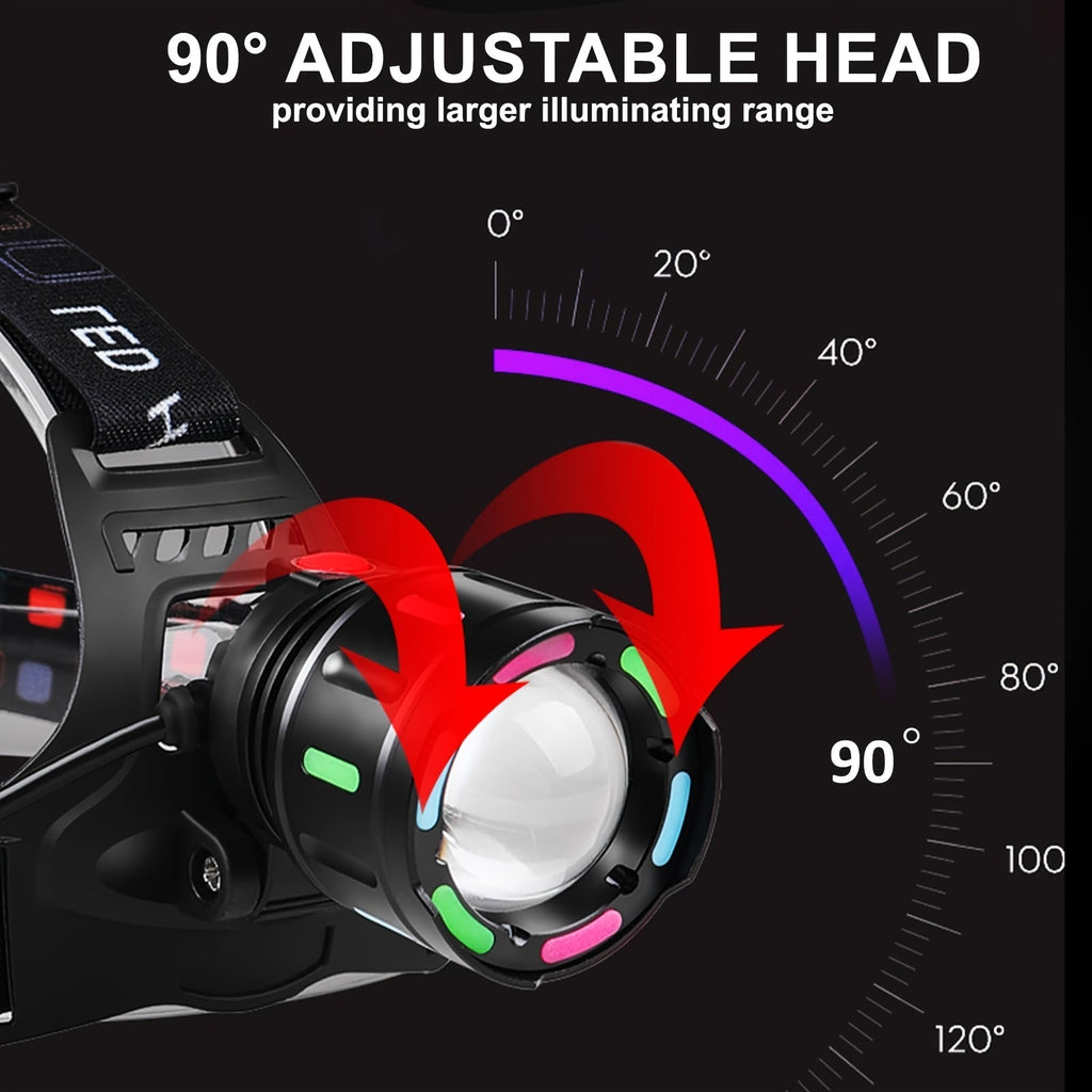 Rechargeable LED Headlamp, 4 Modes, Adjustable Focus, 90° Tilt, Warning Taillight, Durable Headlight for Camping, Hiking, Adventure, Emergency, and Repair Work for Adults