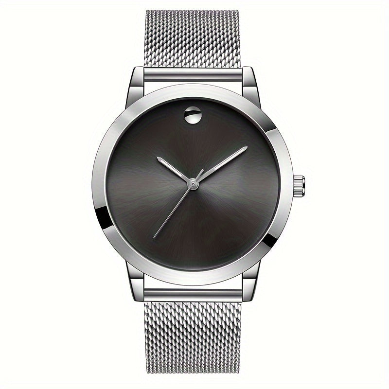 Men's Minimalist Stainless Steel Band Quartz Watch, Slim Round Dial, Casual Fashion Everyday Wear, Gift for Him, Silver Brown