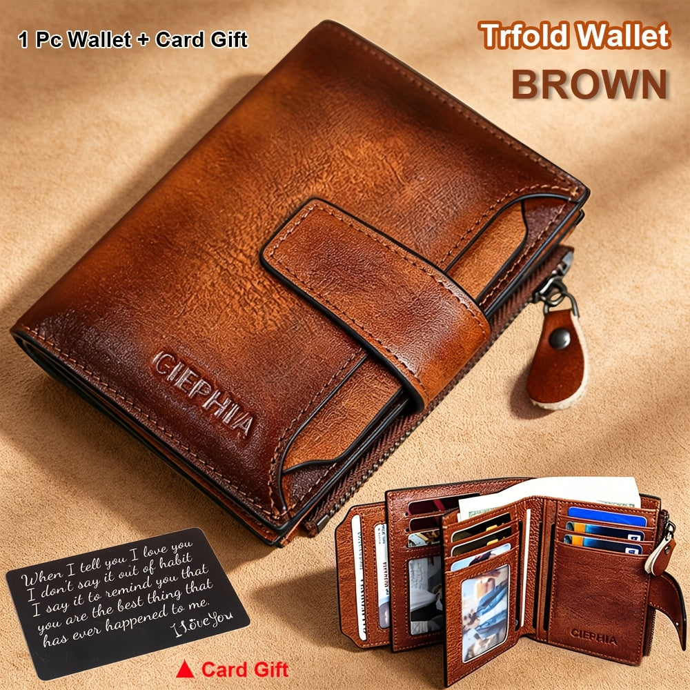 CIEPHIA Men's Vintage RFID Blocking Wallet - Genuine Leather, Zipper Coin Pocket, 14 Card Slots, 2 ID Windows, SD/SIM Slot - Bifold & Trifold - Tan, Black, Coffee & Oil Wax Leather - Gift Set with Greeting Card