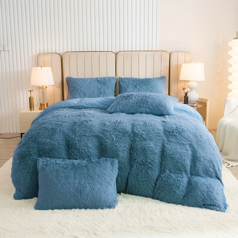 Plush Duvet Cover Set 3 Piece, Long Hair Knitted Polyester, Solid Color Fuzzy Comforter Cover with Zipper Closure, All-Season Soft Cozy Bedding Set for Bedroom, Multiple Colors Available