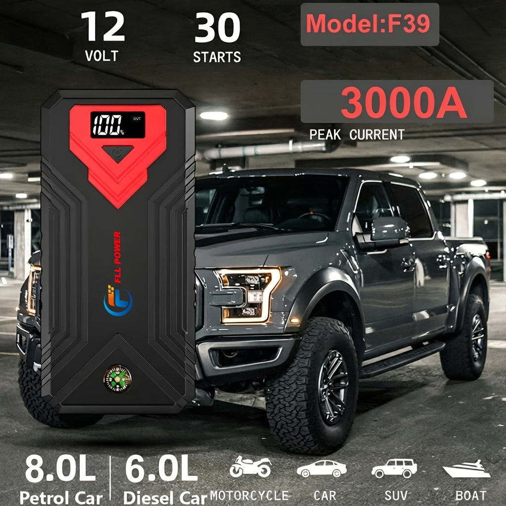 便携式汽车应急启动电源 1600A–3000A 12V 电池启动器 – 适用于汽油和柴油发动机的紧凑型应急启动电源，配备 USB 充电端口及 LED 手电筒