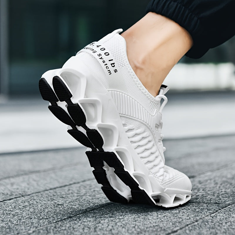 Men's Breathable Running Shoes, Lightweight Fish Scale Fabric Upper, Durable Outsole, Low-Top for Running, Hiking, Walking, Casual Sports, White/Black, US 7-13.5