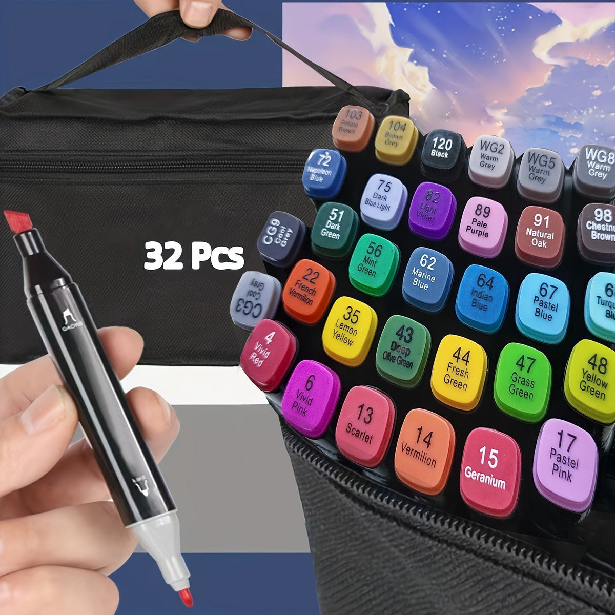 Dual Tip Alcohol Markers Set with Carrying Case, 32 to 172 Colors – Professional Artist Markers for Drawing, Sketching, Card Making, Illustration, and Adult Coloring with Custom Packaging Bag Option