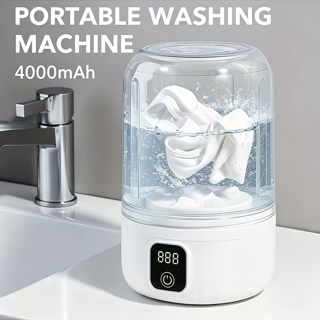 Mini Portable Washing Machine with 4000mAh Battery - USB Rechargeable Travel Laundry Washer for Underwear Bra Socks, LED Display, One-Touch Operation, Space-Saving Design for Dorm RV Camping