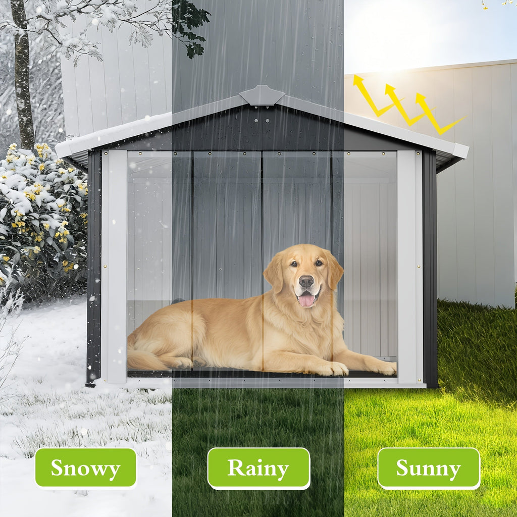 2-in-1 Metal Dog House & Storage Shed 39.7" x 35.8" x 33.3" Weather-Resistant Sloped Roof Elevated Floor Ventilation & PVC Door for Medium to Large Dogs – 30-Min Assembly