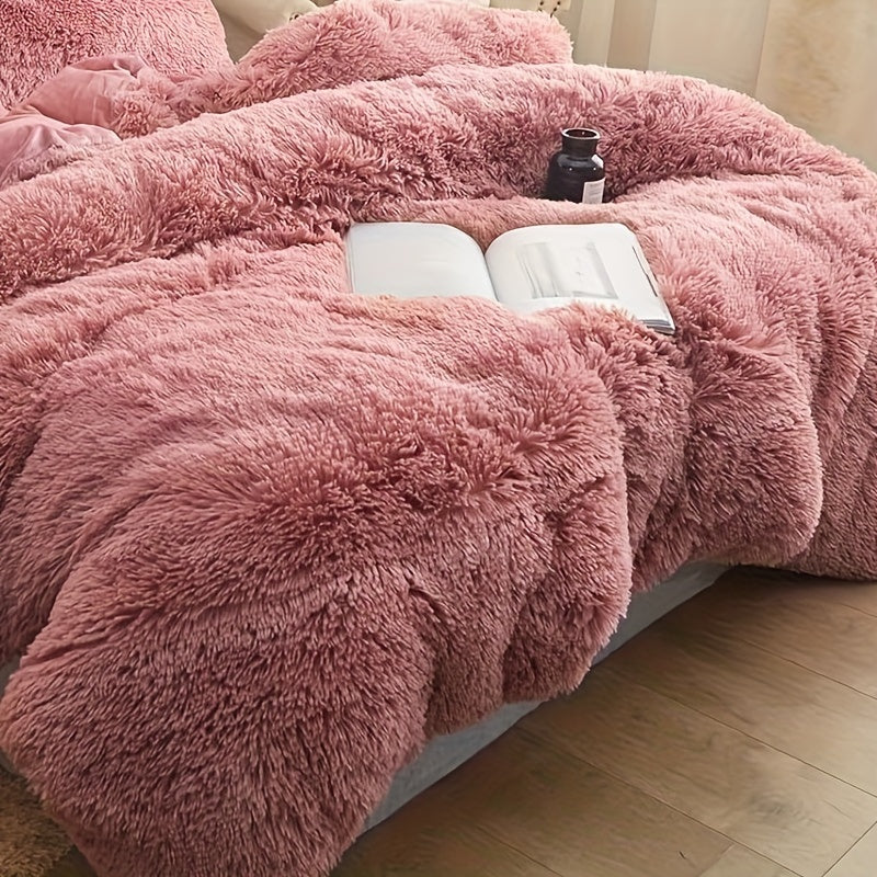 Plush Duvet Cover Set 3 Piece, Long Hair Knitted Polyester, Solid Color Fuzzy Comforter Cover with Zipper Closure, All-Season Soft Cozy Bedding Set for Bedroom, Multiple Colors Available