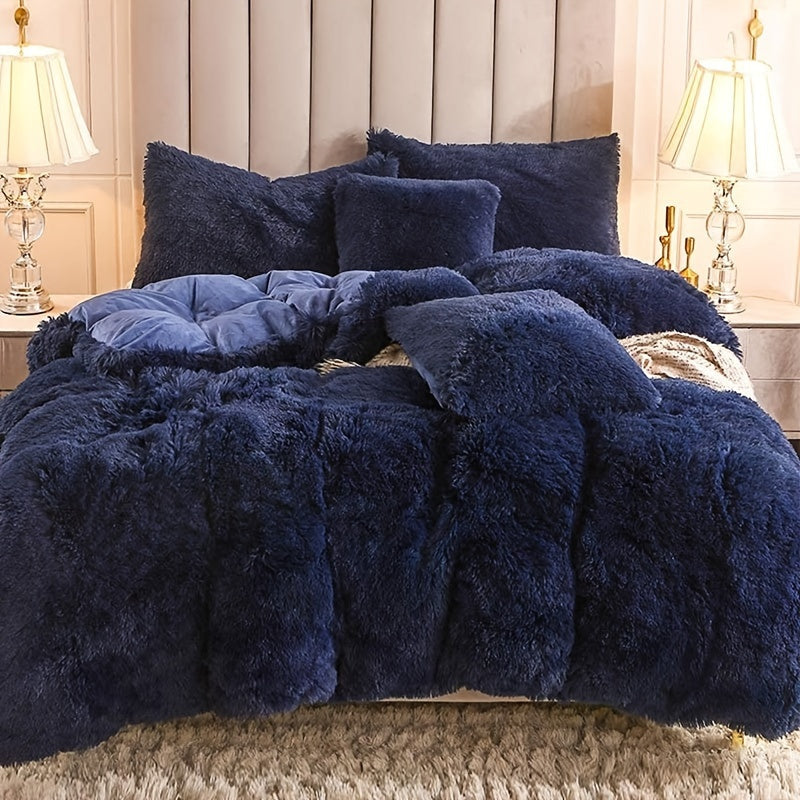 Plush Duvet Cover Set 3 Piece, Long Hair Knitted Polyester, Solid Color Fuzzy Comforter Cover with Zipper Closure, All-Season Soft Cozy Bedding Set for Bedroom, Multiple Colors Available