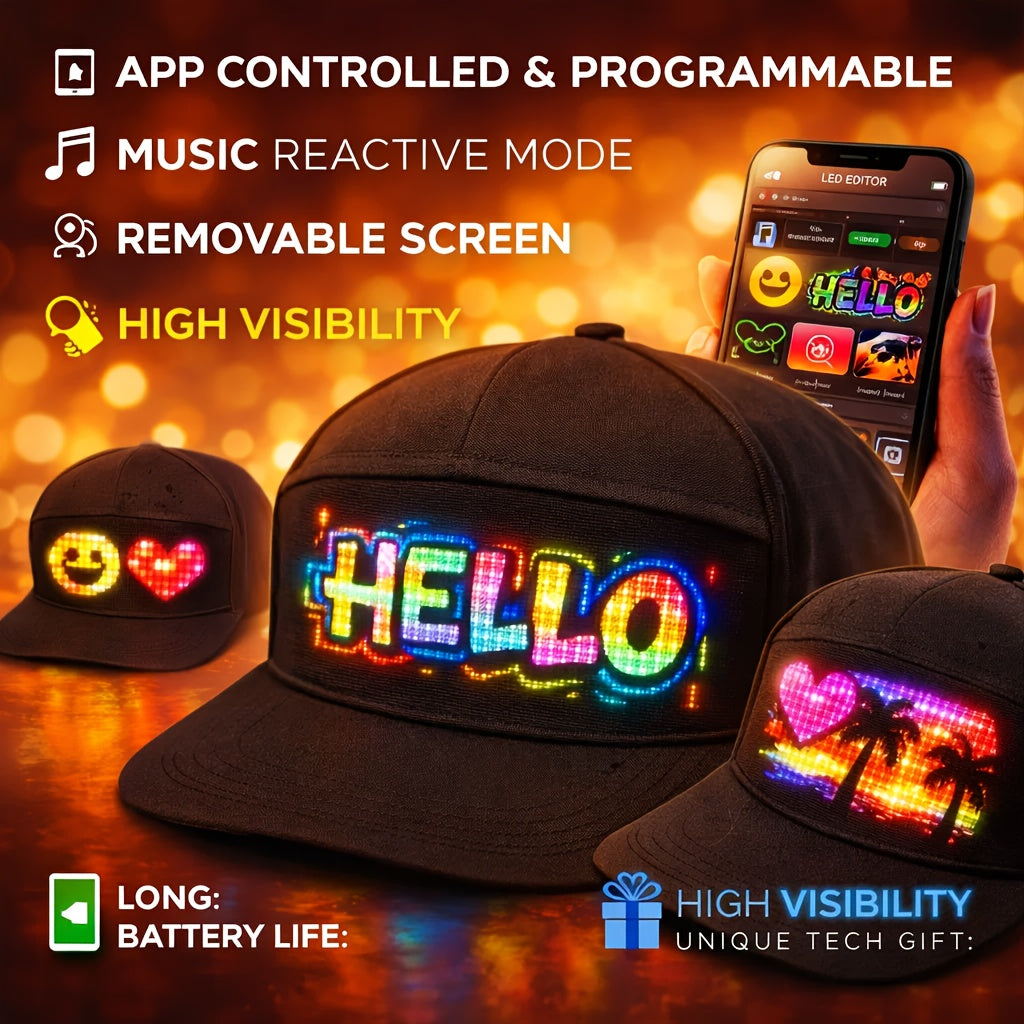Programmable LED Light-Up Baseball Cap – Bluetooth App Scrolling Text & Animation, Rechargeable Flashing Hat for Parties, Music Festivals, and Night Runs, Adjustable Gift for Teens