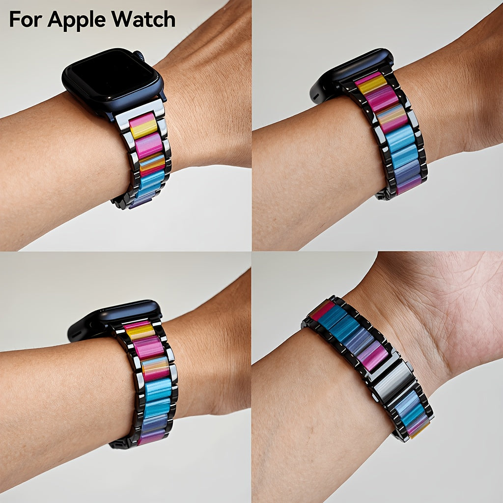 Apple Watch Band 42/44/45/46/49mm Women's Stainless Steel Resin Metal Replacement Strap Starlight Rainbow for iWatch Series 11 10 9 8 7 6 5 4 3 SE Ultra for Work, Office, Fitness, Party