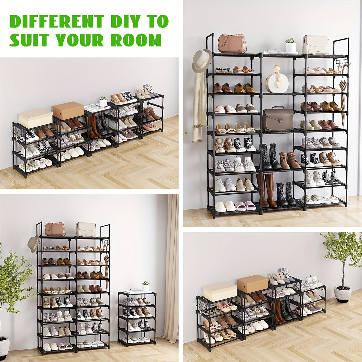 9-Tier Shoe Rack Organizer - 50-55 Pairs, Stackable Metal Shelf with Hooks - 129.5×26.9×155.4cm - Entryway, Bedroom & Closet Shoe Storage - Black