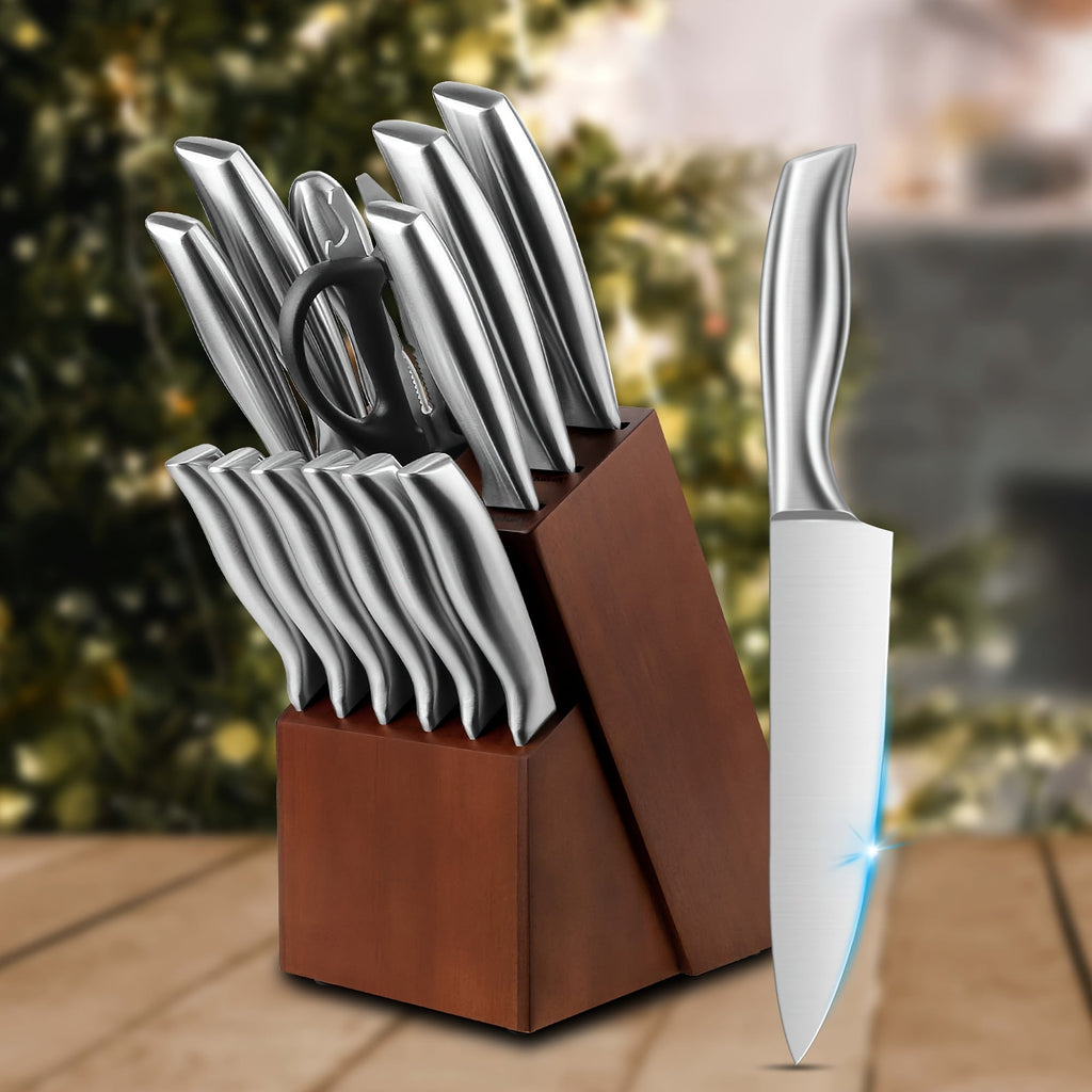 15-Piece Kitchen Knife Set with Wooden Block - Self-Sharpening, Medium Carbon Stainless Steel, Hammered Finish & Steak Knives - Chef Knife Set - Silver, Black, Wooden, Jet-Black & Deep-Black