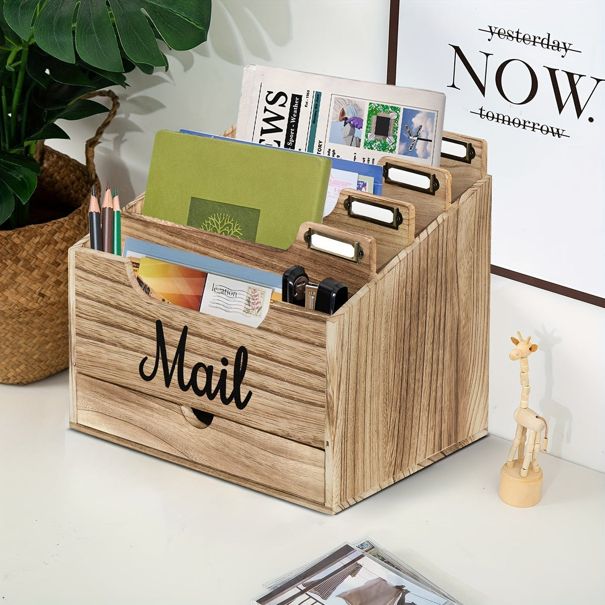 Large Solid Wood Desktop Mail Organizer with Drawer and 4 Compartments, Labelable Dividers for Files, Letters, and Paper Folders, Desk Organizer for Home Office, Students, and Professionals