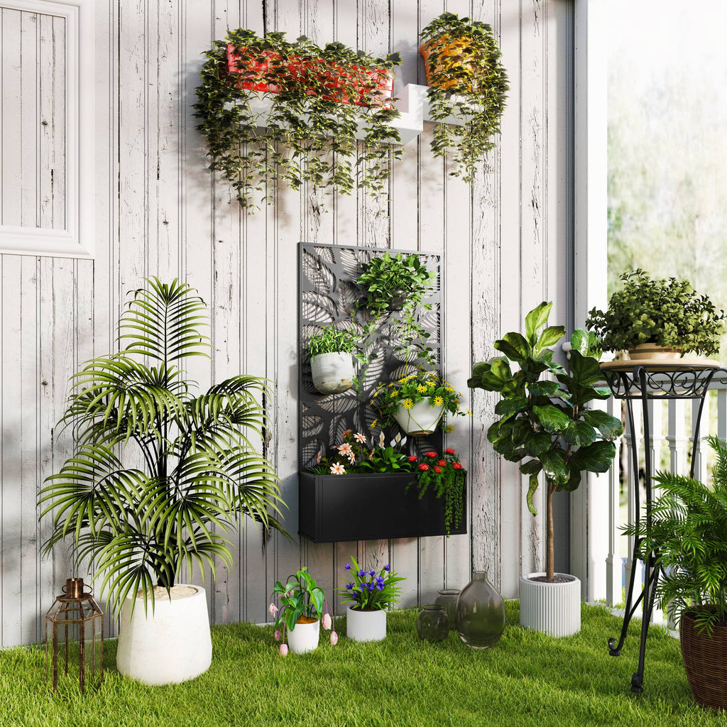 Metal Raised Garden Bed with Trellis & Privacy Panel, 8 Gallon, 24"x9.1"x44.5", Leaf Cutout Design, Drainage Slots, Freestanding or Wall Mount, Powder-Coated, for Garden, Patio & Balcony