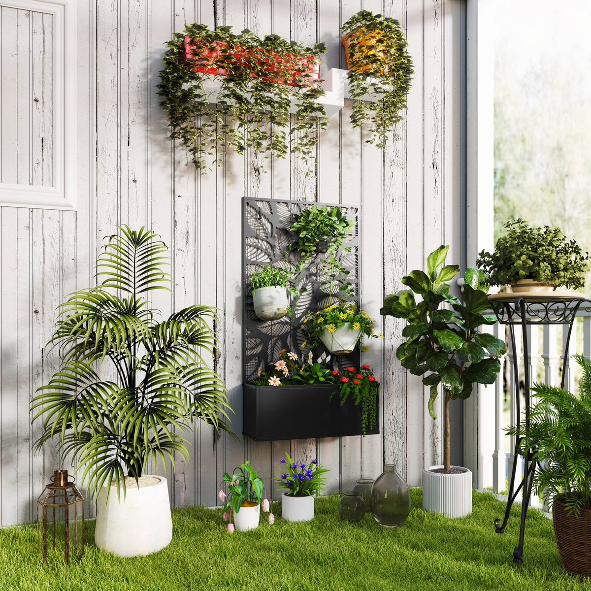 Metal Raised Garden Bed with Trellis & Privacy Panel, 8 Gallon, 24"x9.1"x44.5", Leaf Cutout Design, Drainage Slots, Freestanding or Wall Mount, Powder-Coated, for Garden, Patio & Balcony