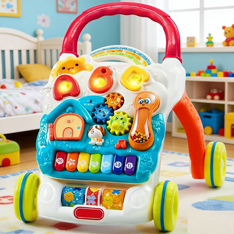 2-in-1 Baby Sit to Stand Learning Walker Push Walker with Wheels Detachable Play Panel Piano Lights & Sounds Adjustable Speed for Infant Boys & Girls