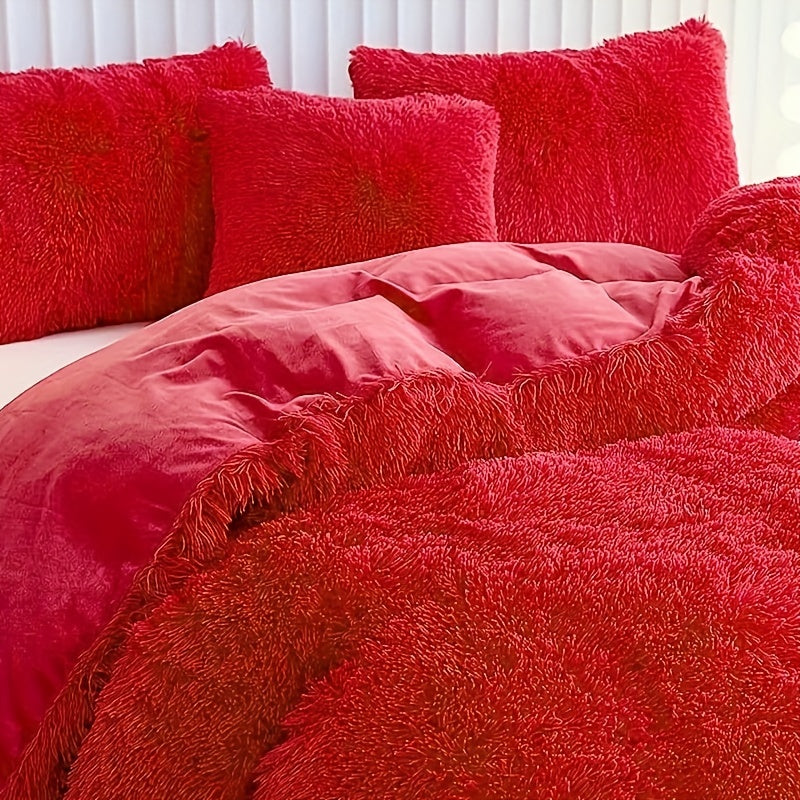 Plush Duvet Cover Set 3 Piece, Long Hair Knitted Polyester, Solid Color Fuzzy Comforter Cover with Zipper Closure, All-Season Soft Cozy Bedding Set for Bedroom, Multiple Colors Available