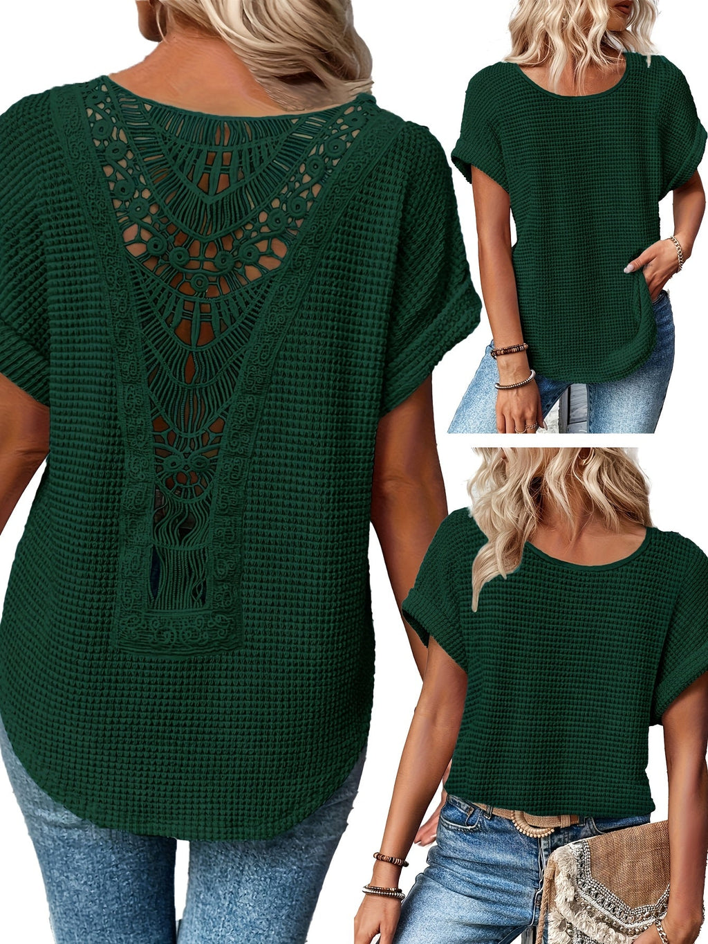 Lace Patchwork Round Neck Short Sleeve T-Shirt Women's Summer Casual Flowy Top Peacock Blue Khaki Black White S M L XL XXL