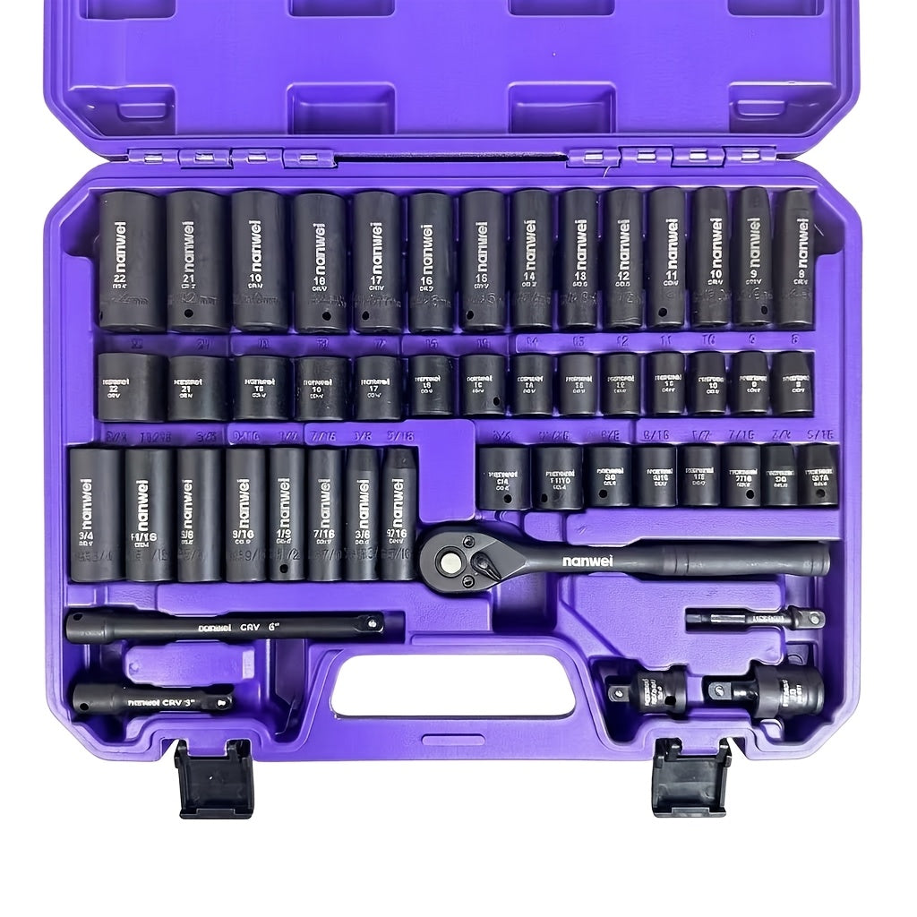 50-Piece 3/8-Inch Drive Impact Socket Set Metric 8-22mm & Imperial 5/16-3/4 In Hex Sockets with 1/4 & 3/8-In Bit Adapters Ratchet Handles & Portable Toolbox – Green Orange Purple Pink