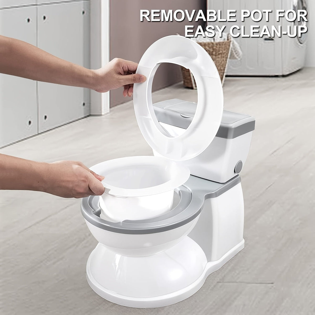 Realistic Toddler Potty Training Toilet with Flush Button & Anti-Slip Rubber Base, Detachable Baby Potty Chair with Splash Guard & Wipe Storage for Boys & Girls 18M+, Gray Blue & Pink