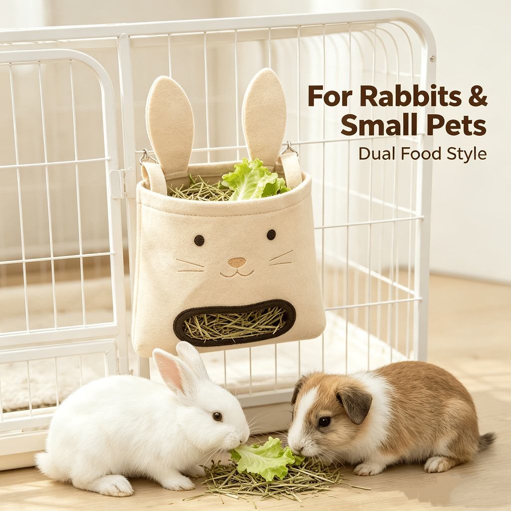 Hanging Hay Feeder for Rabbits, Guinea Pigs & Small Animals - Large Capacity Rabbit Face Design, Anti-Tip, Easy Hang Chain, Indoor/Outdoor Cage Food Bowl for Rabbits, Guinea Pigs, Kittens & Cats