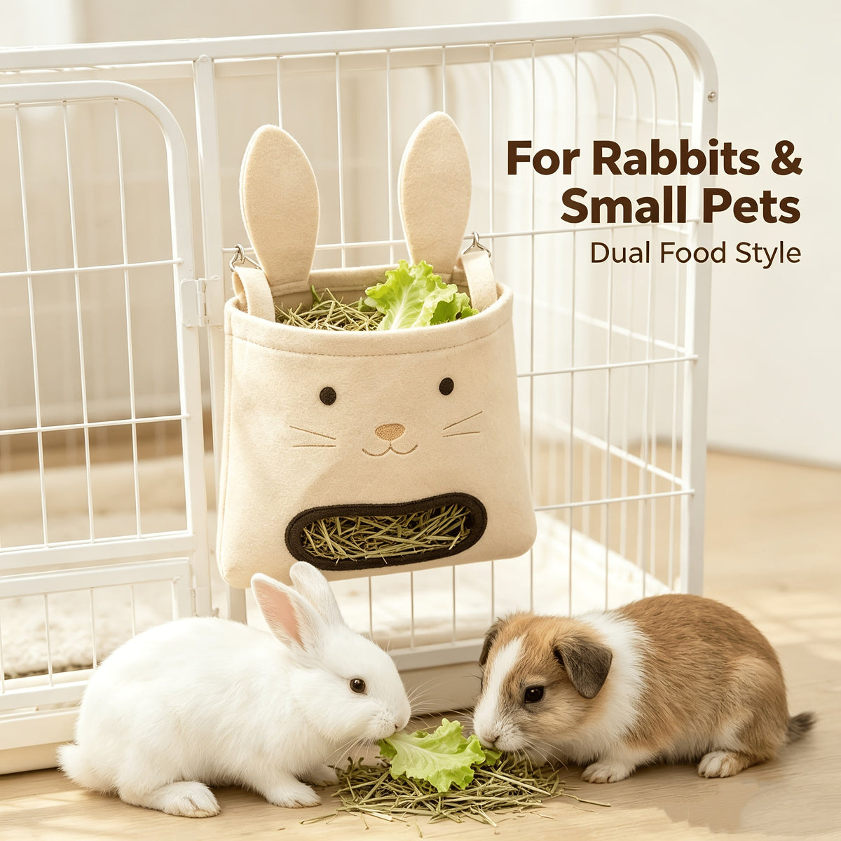 Hanging Hay Feeder for Rabbits, Guinea Pigs & Small Animals - Large Capacity Rabbit Face Design, Anti-Tip, Easy Hang Chain, Indoor/Outdoor Cage Food Bowl for Rabbits, Guinea Pigs, Kittens & Cats