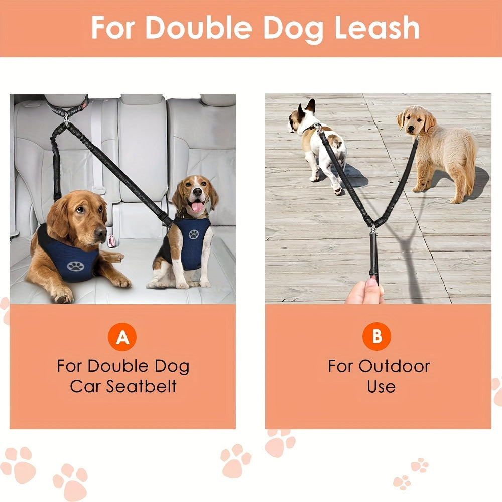 Dual Dog Car Seat Belt for 2 Dogs, No-Tangle Headrest Restraint, Adjustable Bungee Pet Safety Harness for Small, Medium, and Large Dogs for Car Travel