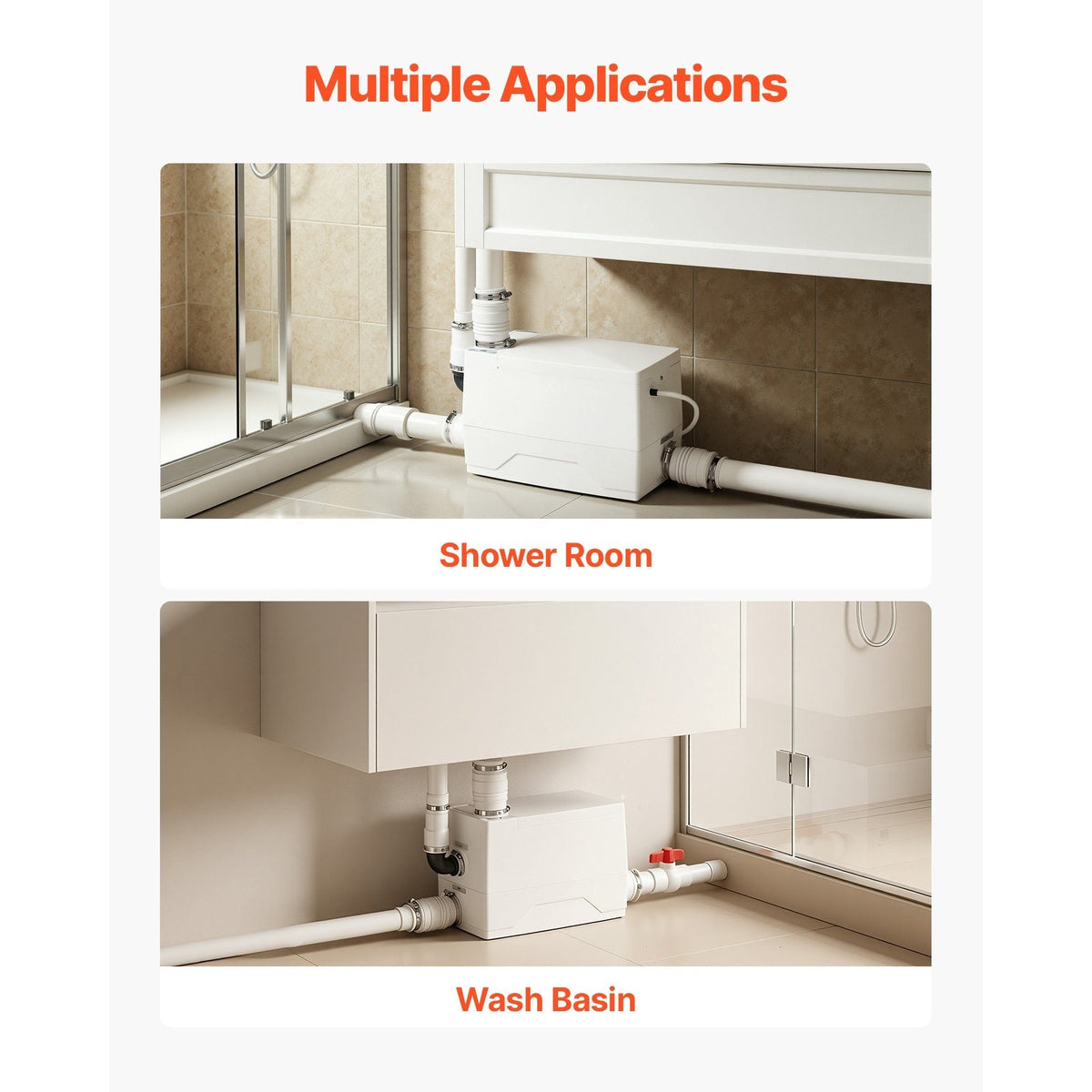 VEVOR Utility Sink Pump 350W 120 LPM Flow 26.2 ft Lift Copper Motor with Check Valve 3 Inlets Quiet Odor-Block for Basement Kitchen Sink & Shower Gray Water Drainage