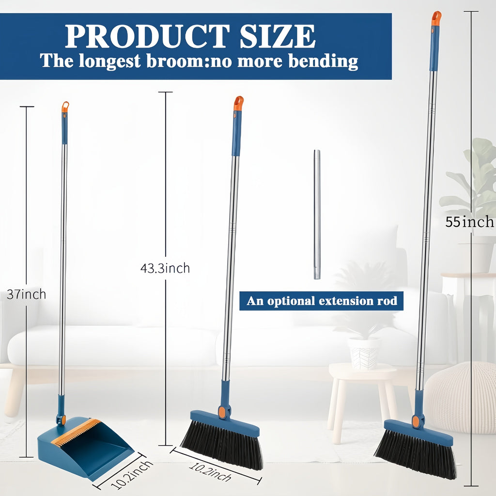 2-in-1 Broom and Dustpan Set, Long Handle, Foldable, Non-Stick Hair, Hard Floor Sweeper, Rotatable Combo for Home, Living Room, Bedroom, Bathroom, Outdoor