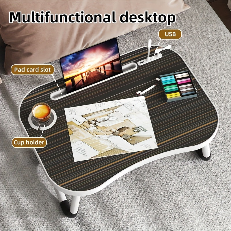 Foldable Laptop Desk Portable Bed Desk with Cup Holder and Tablet Slot Fiberboard Lap Desk for Work, Study, Drawing, and Dining in Bed, Sofa, and Floor, Available in Black and Walnut