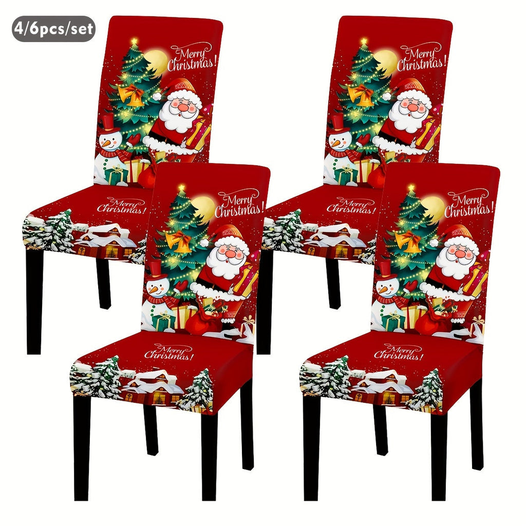 4/6-Piece Santa Claus & Snowman Christmas Chair Covers - Digital Print, Removable & Washable Elastic Seat Covers - Home, Office, Restaurant & Banquet Hall - Holiday Decoration