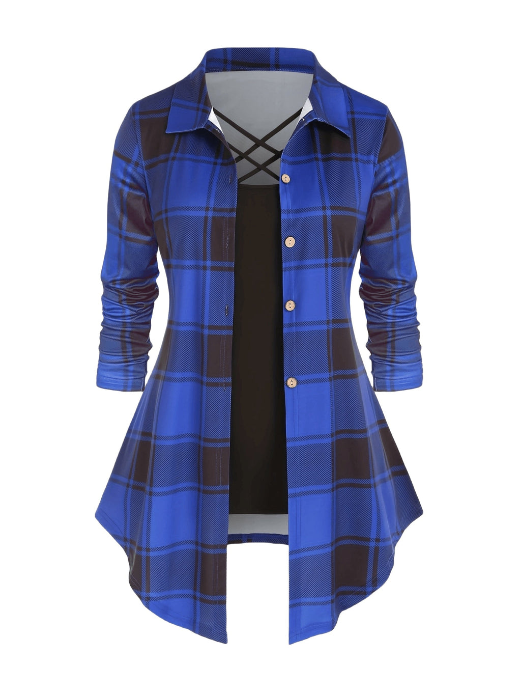 Women's Retro 2-Piece Set - High-Waist Plaid Long Sleeve Blouse & Suspender Skirt | Vintage Button Lapel Collar Fall Spring Fashion Outfit