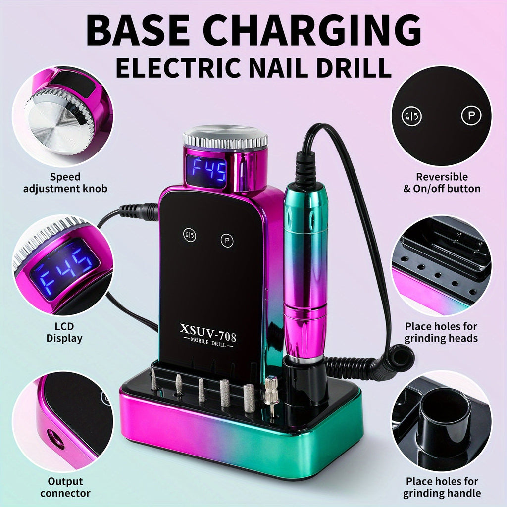 Electric Nail Drill Machine 45000RPM - Cordless Rechargeable Professional Nail File for Acrylic & Gel Nails, Manicure Pedicure Polishing & Shaping for Salon & Home Use - Pink, Gold, Purple & Green