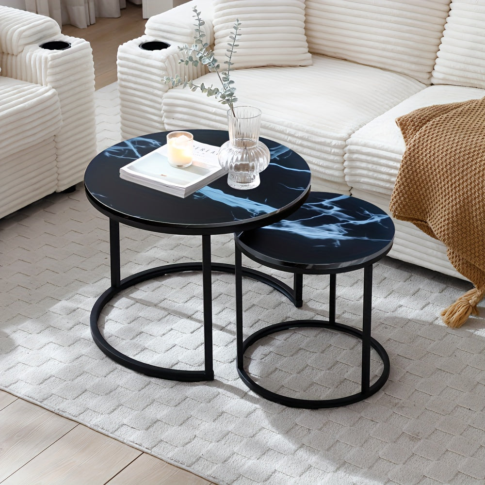 Nesting Coffee Table Set of 2 – Modern Faux Marble Round Tables with Gold Frame Space-Saving Living Room Furniture in White Gray Black Walnut