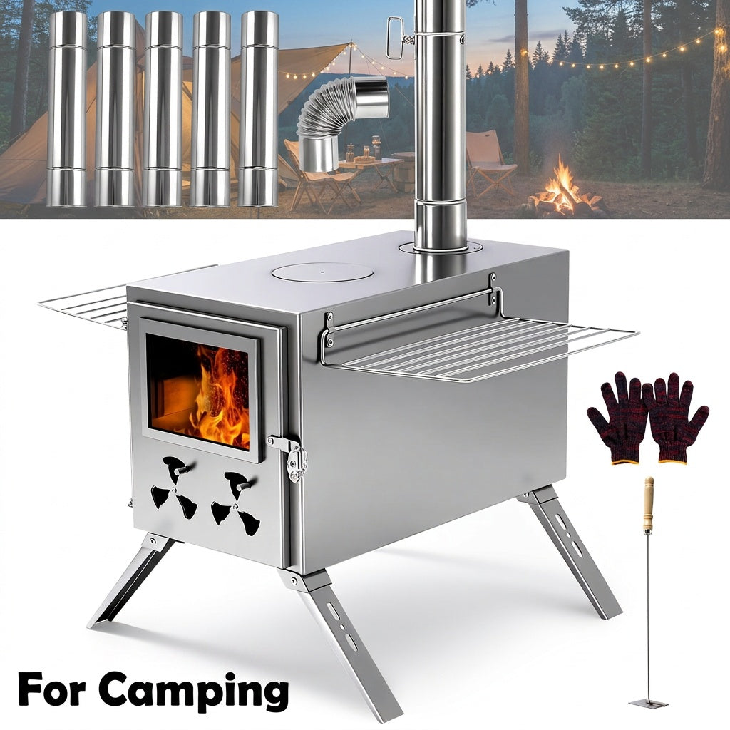 MOPHOTO Hot Tent Stove Portable Stainless Steel Wood Burning Camp Stove with 7 Chimney Pipes for Wall Tent Camping Cooking Ice Fishing & Hunting – Large