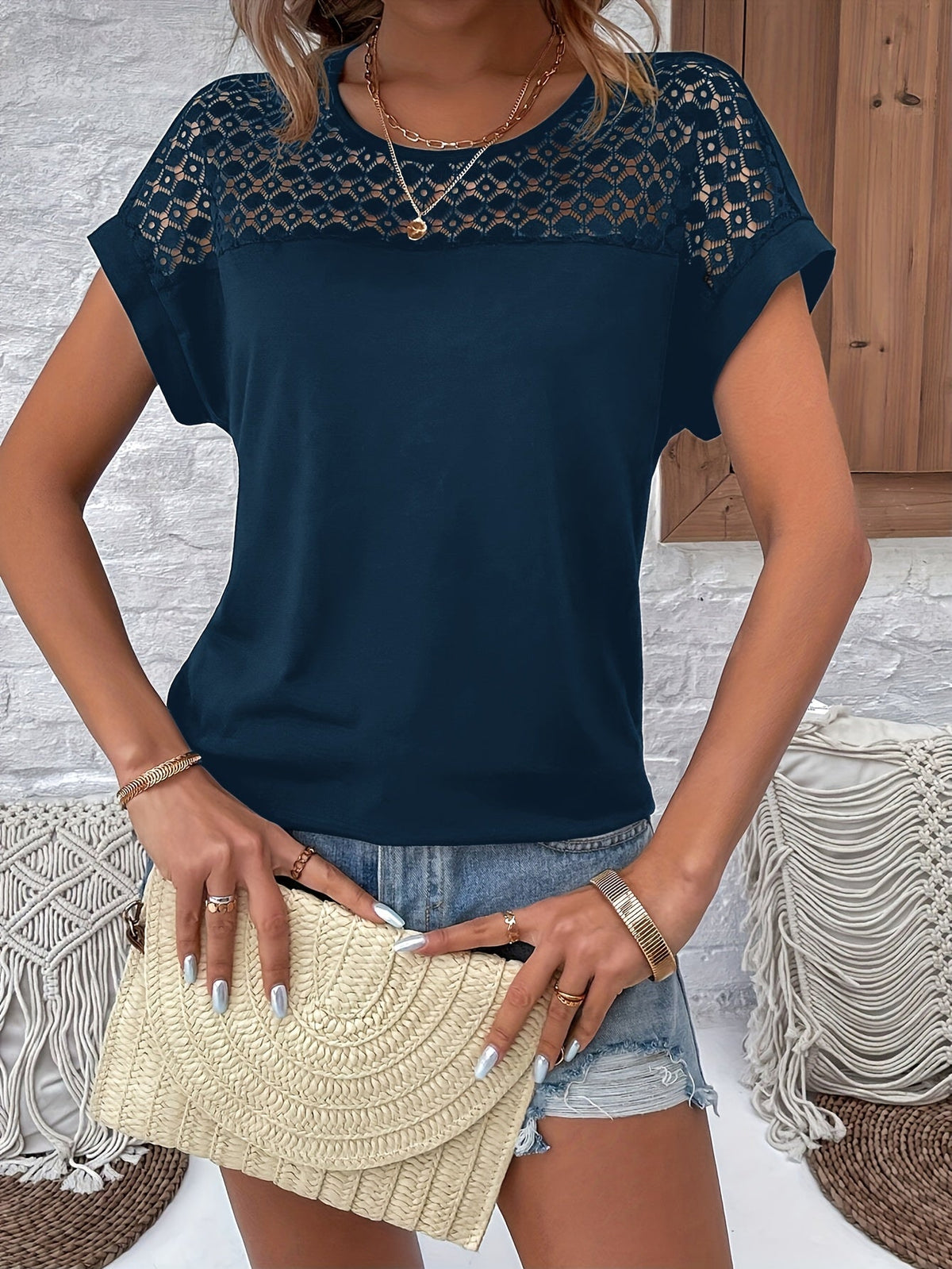 Lace Off-Shoulder T-Shirt Women's Vacation Batwing Short Sleeve Tops Casual Summer Loose Fit Elegant Floral Lace Tee Shirt Multiple Colors S M L XL