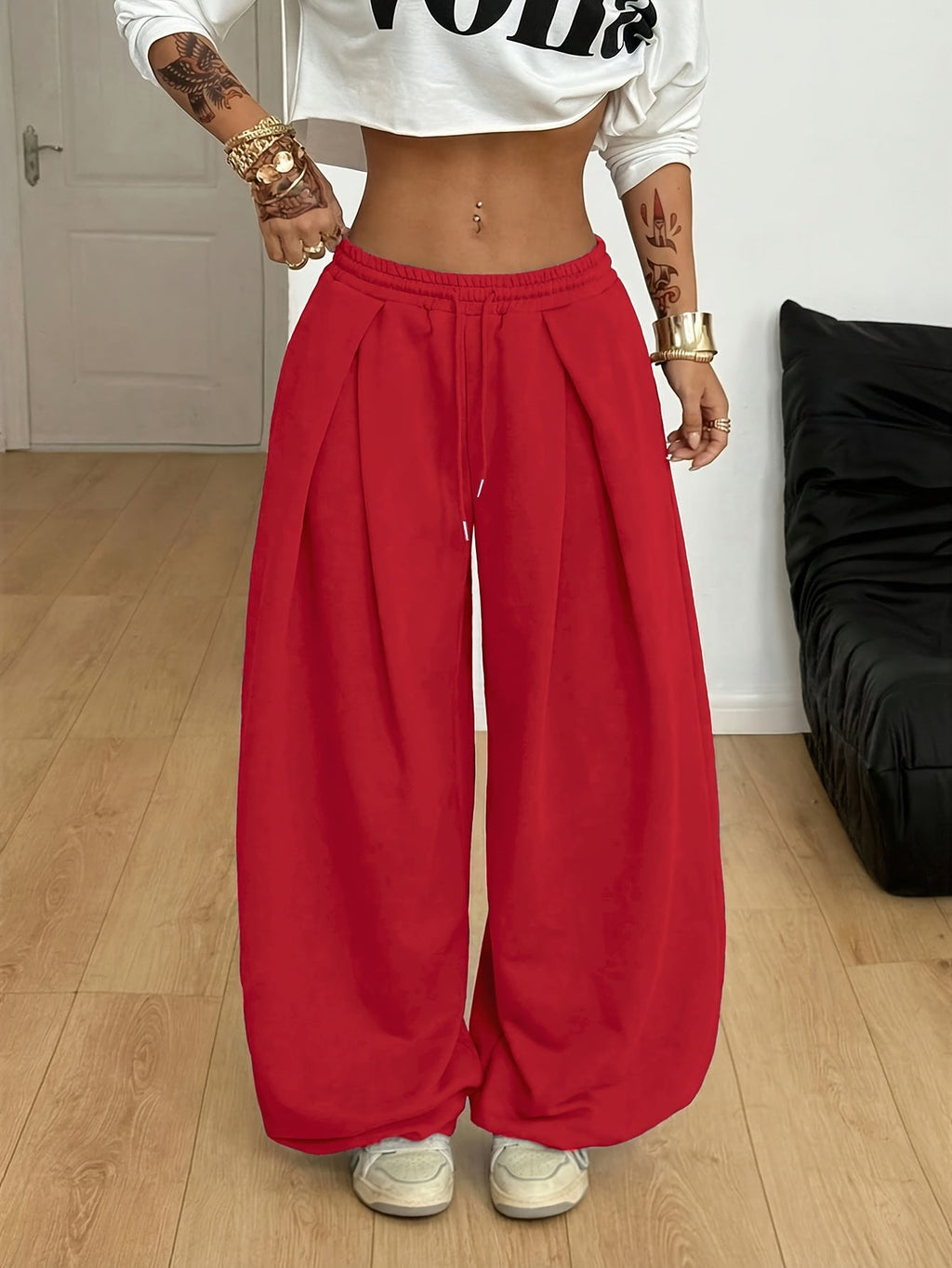 Women's Y2K Low-Rise Drawstring Pants Loose Fit Wide-Leg Trousers Street Style Casual Light Gray Spring Summer XS-XL
