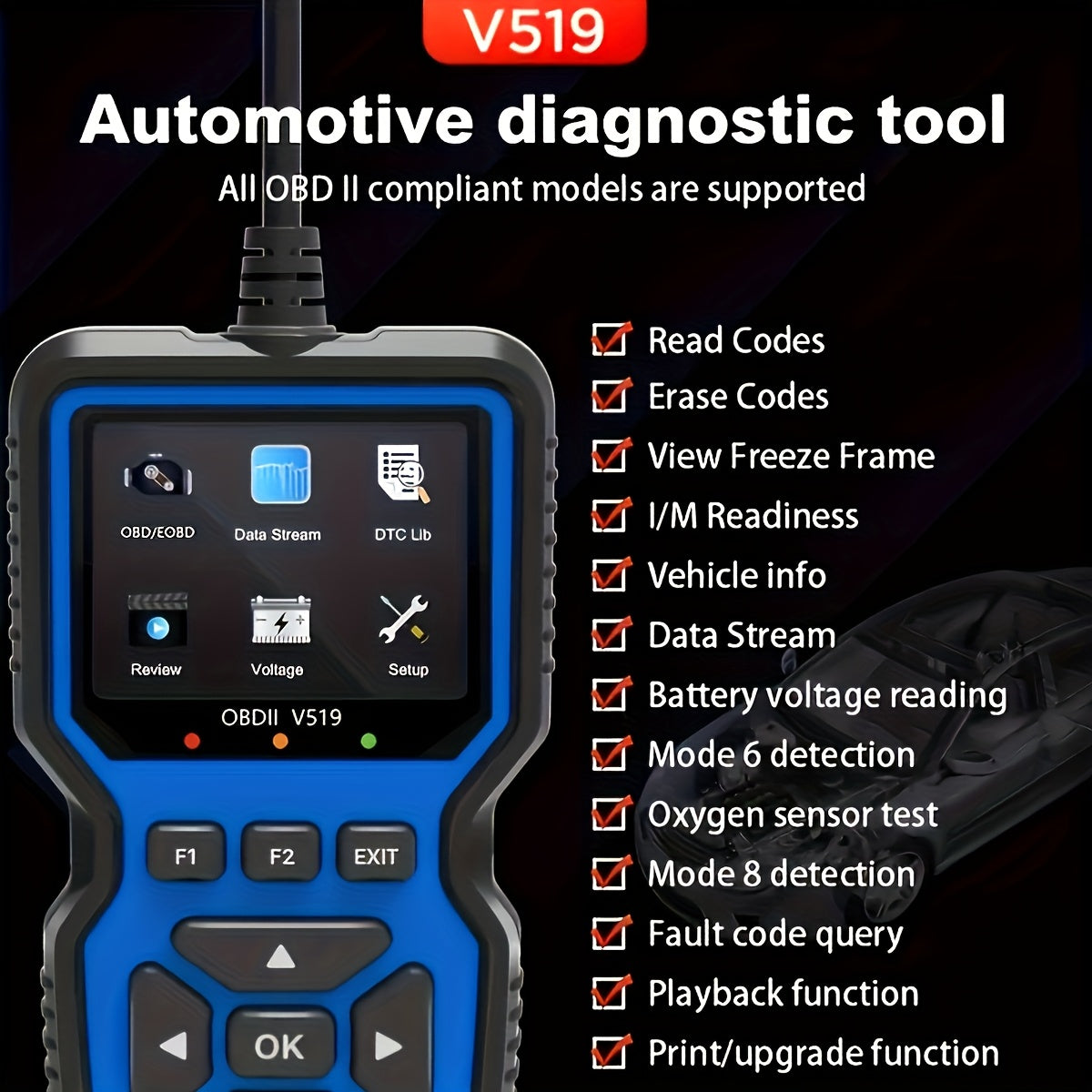 OBD2 Scanner Code Reader Car Diagnostic Tool, Engine Fault Code Reader with Live Data, Freeze Frame, and I/M Readiness for All OBDII Protocol Vehicles, No Battery Required