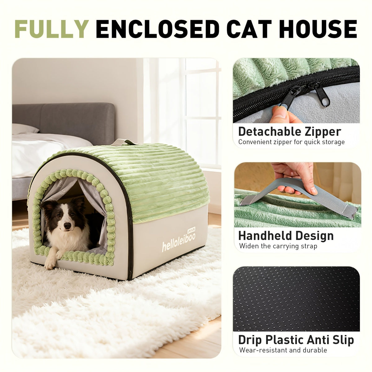 Foldable 2-in-1 All-Season Cave Dog Bed – Fully Enclosed Covered Pet House with Handle, Soft Fluffy Non-Slip Washable Nest for Large, Medium & Small Dogs and Cats – Free Drool Bib – Velora