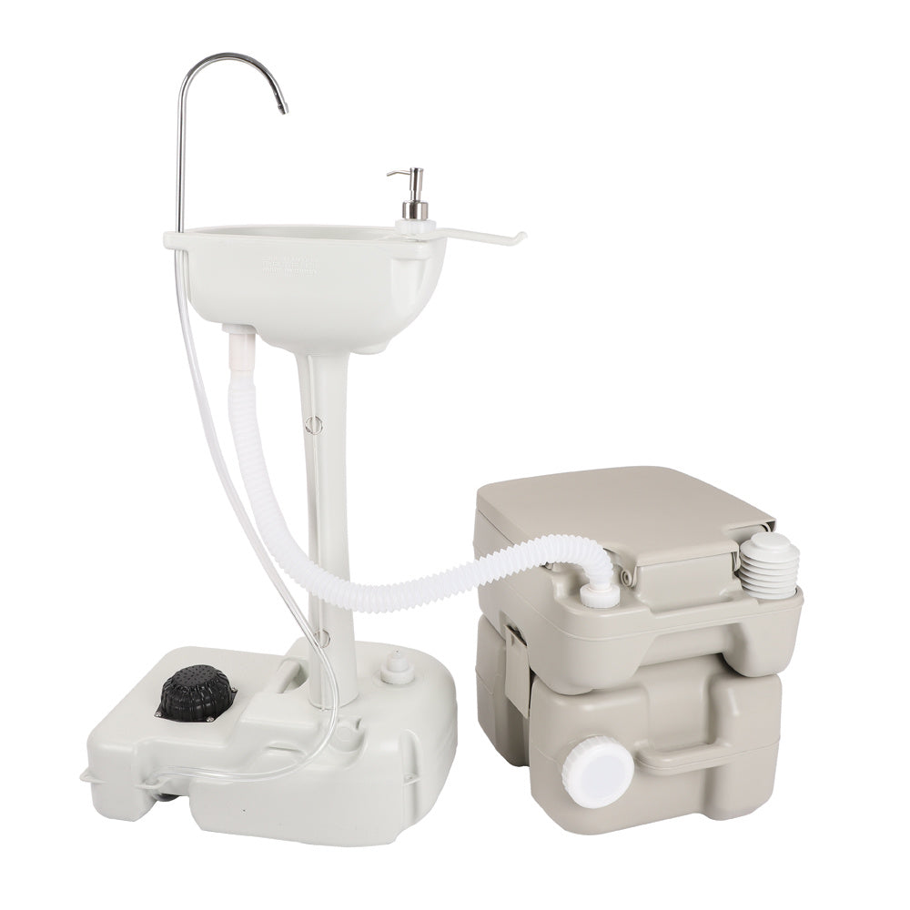 Portable Outdoor Hand Sink & Toilet Set HDPE No-Tool Assembly Pedal Design 3L Tank for Camping Worksite Boating & Outdoor Events – White