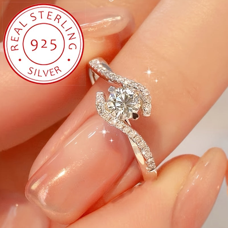 925 Sterling Silver Four-Prong Twisted Cubic Zirconia Engagement Ring – Hollow Spiral Band with CZ Inlay, Sizes 6-10, Valentine's Day Promise Ring Gift for Women