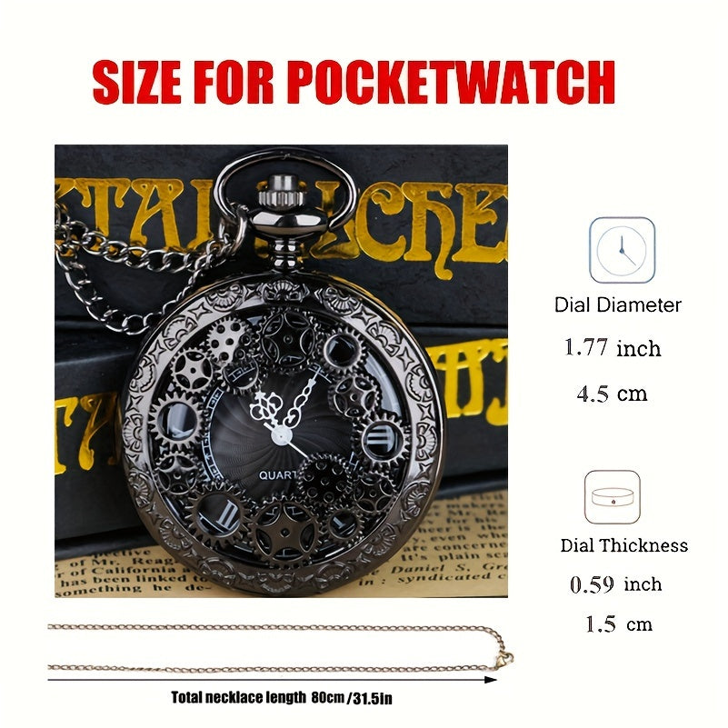 Steampunk Quartz Pocket Watch Necklace for Women and Men – Vintage Hollow Gear Analog Pendant Chain Watch Sweater Necklace Unisex Retro Jewelry Christmas Gift