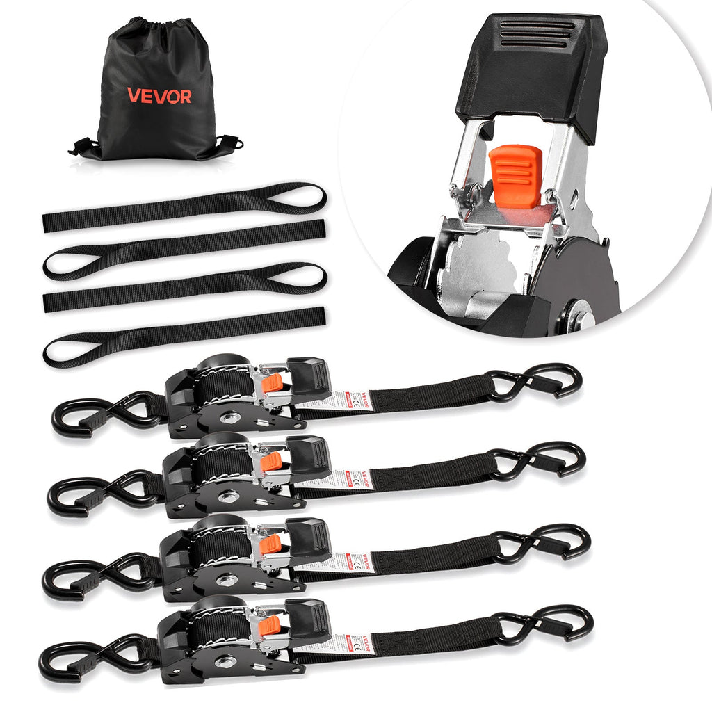 VEVOR Retractable Ratchet Straps 4-Pack - 1" x 10 ft, 400 lbs WLL / 1,200 lbs Break Strength, One-Touch Auto Retract, S-Hooks & 4 Soft Loops - Moving, Trailers, Motorcycles, Kayaks & Car Roof - Black