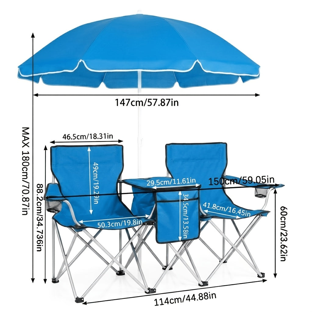 2-Person Camping Chair with Detachable Canopy – Folding Outdoor Loveseat with Cup Holders Cooler Table & Carry Bag for Beach Picnic Fishing BBQ